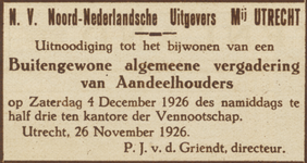 717029 Advertentie van de N.V. Noord-Nederlandsche Uitgevers Mij., [Boothstraat 3] te Utrecht, met een uitnodiging voor ...